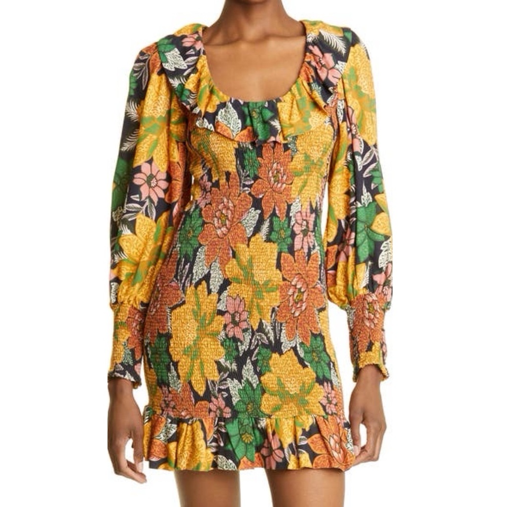 NWT Farm Rio Medium Tropical Floral Smocked Long Sleeve Ruffle Mini Dress